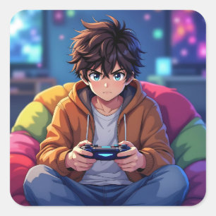 Anime-Junge spielt Videospiel  Quadratischer Aufkleber
