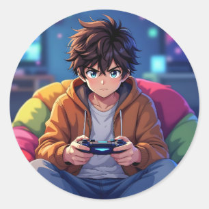 Anime-Junge spielt Videospiel Runder Aufkleber