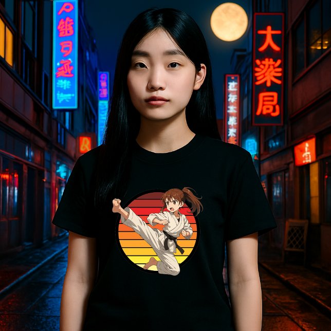 Anime Karate Girl On Retro Sunset Template T-Shirt (Von Creator hochgeladen)