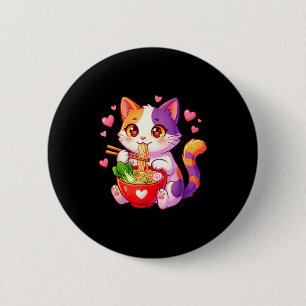 Anime-Katze isst Ramen-Nudeln mit Herzen Lustiges  Button