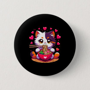 Anime-Katze isst Ramen-Nudeln mit Herzen Valenti Button