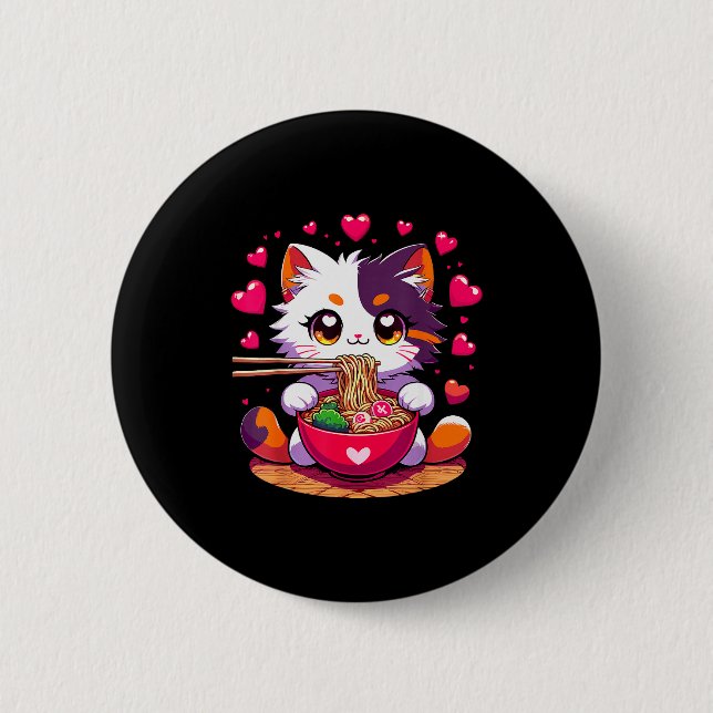 Anime-Katze isst Ramen-Nudeln mit Herzen Valenti Button (Vorderseite)