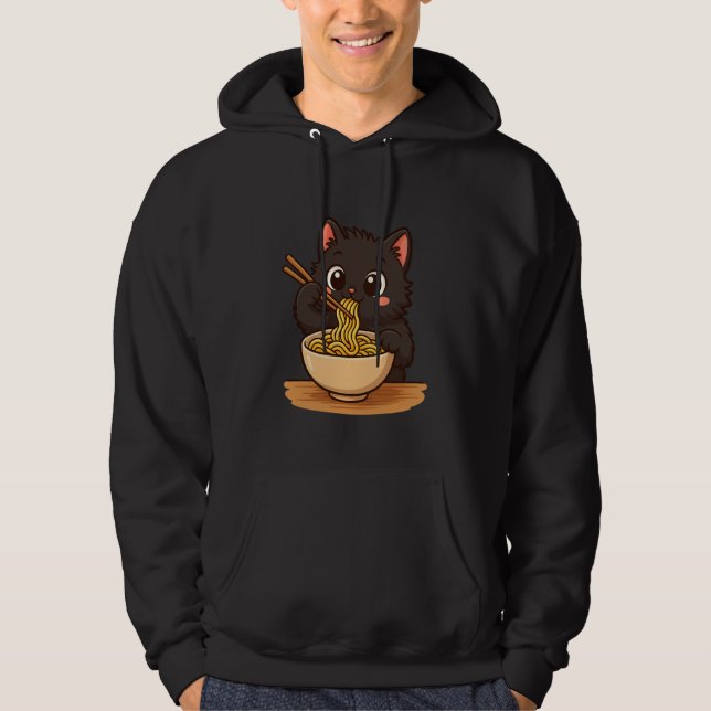 Anime Kawaii Black Cat Eating Ramen Noodles Kids T Hoodie (Vorderseite)