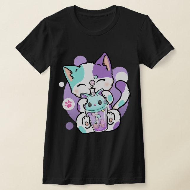 Anime Kawaii Cat Boba Bubble Tea Neko Boba Teezere T-Shirt (Ablage )
