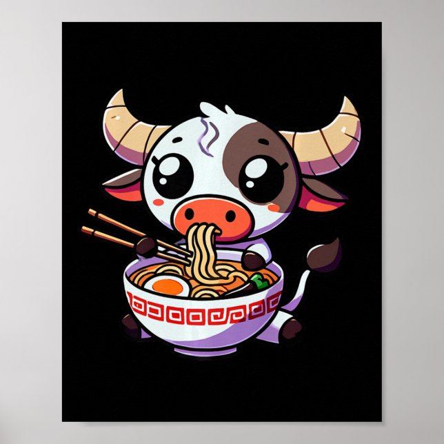 Anime Kawaii Texas Kuh Eating Ramen Clothing Noodl Poster (Vorne)