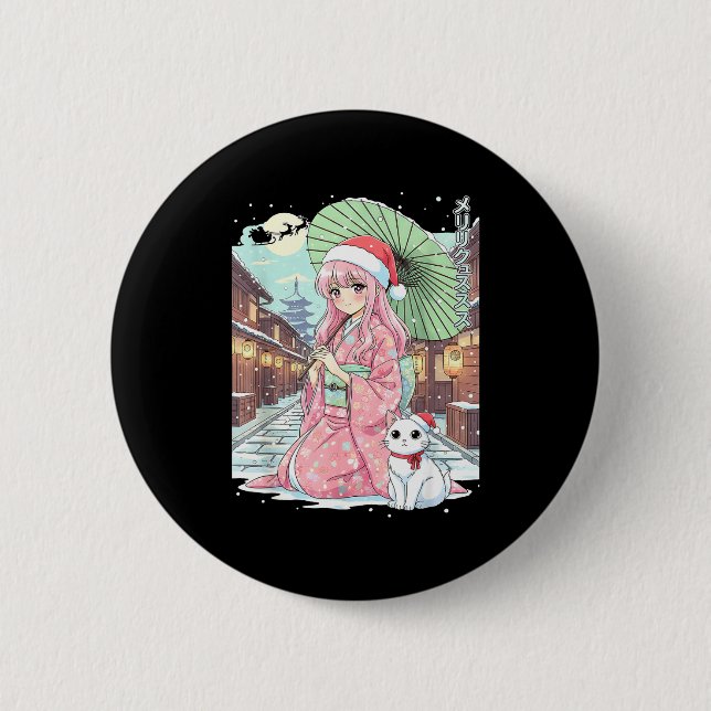 Anime Kimono Girl Christmas Japan Cat Xmas Japan A Button (Vorderseite)