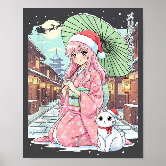 Anime Kimono Girl Christmas Japan Cat Xmas Japan A Poster (Vorne)