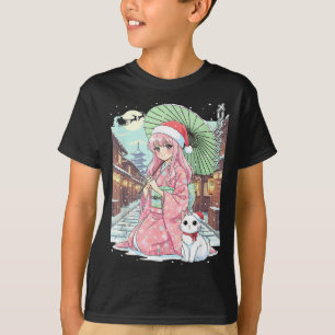 Anime Kimono Mädchen Weihnachten Japan Katze Xmas T-Shirt
