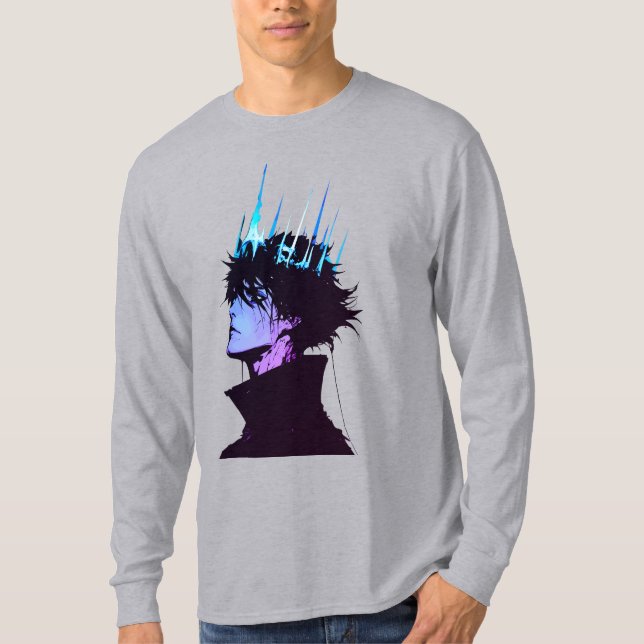 Anime King Gothic Male Portrait with Blue Crown T-Shirt (Vorderseite)