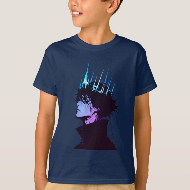 Anime King Gothic Male Portrait with Blue Crown T-Shirt (Vorderseite)