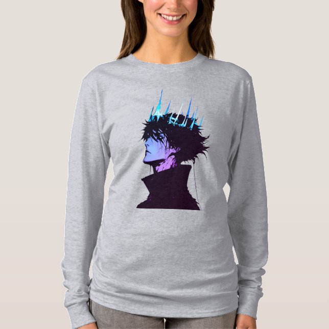Anime King Gothic Male Portrait with Blue Crown T-Shirt (Vorderseite)