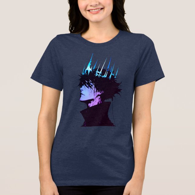 Anime King Gothic Male Portrait with Blue Crown Tri-Blend Shirt (Vorderseite)
