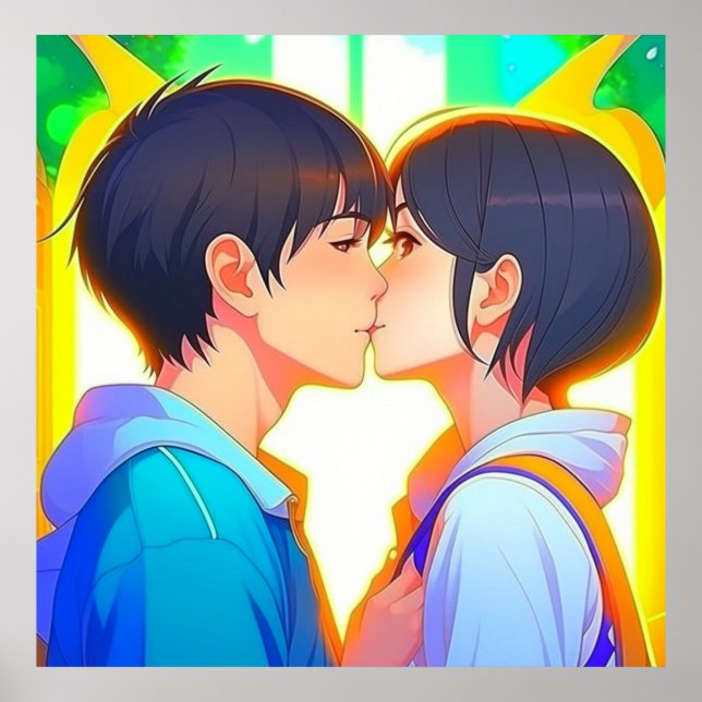 Anime Kiss | Junge und Mädchen in der Liebe Poster (Vorne)