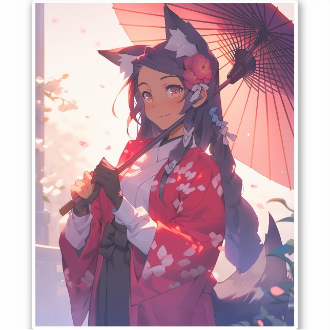 Anime Kitsune Girl Niedlich Fox Fantasy Art Aufkleber (Vorderseite)