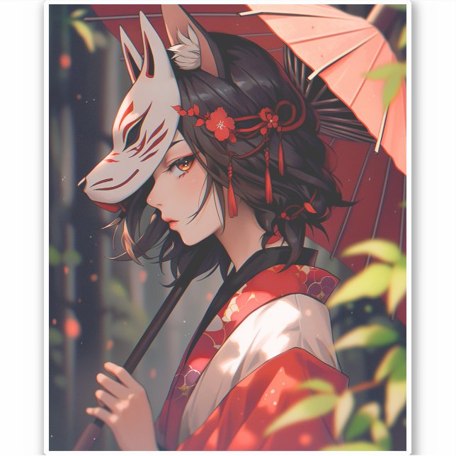 Anime Kitsune Girl Niedlich Fox Fantasy Art Aufkleber (Vorderseite)
