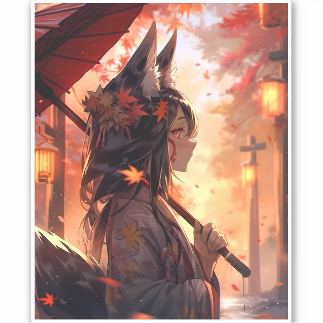 Anime Kitsune Girl Niedlich Fox Fantasy Art Aufkleber (Vorderseite)