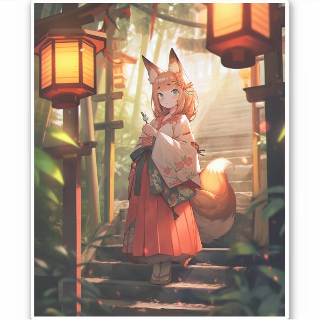 Anime Kitsune Girl Niedlich Fox Fantasy Art Aufkleber (Vorderseite)