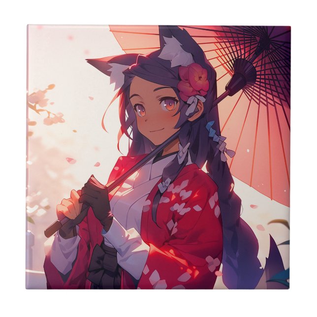 Anime Kitsune Girl Niedlich Fox Fantasy Art Fliese (Vorderseite)