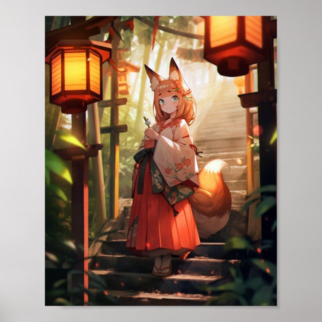 Anime Kitsune Girl Niedlich Fox Fantasy Art Poster (Vorne)