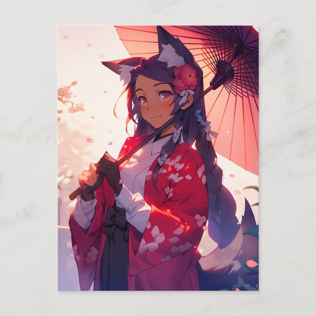 Anime Kitsune Girl Niedlich Fox Fantasy Art Postkarte (Vorderseite)