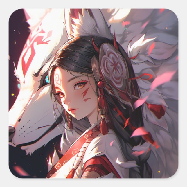 Anime Kitsune Girl Niedlich Fox Fantasy Art Quadratischer Aufkleber (Vorderseite)