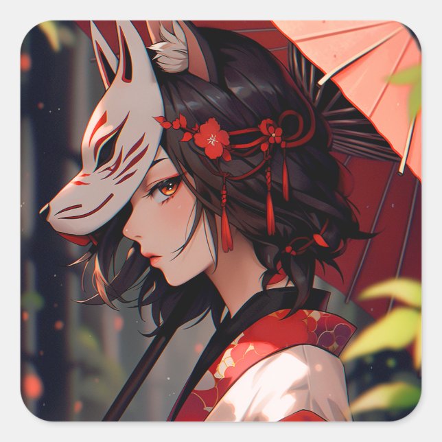 Anime Kitsune Girl Niedlich Fox Fantasy Art Quadratischer Aufkleber (Vorderseite)
