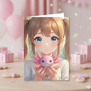 Anime Mädchen' Axolotl Geburtstag mit Ausmalbild   Karte