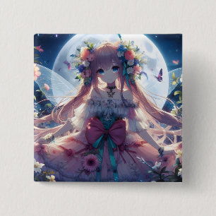 Anime-Mädchen-Blumen-Mond-Fee Button