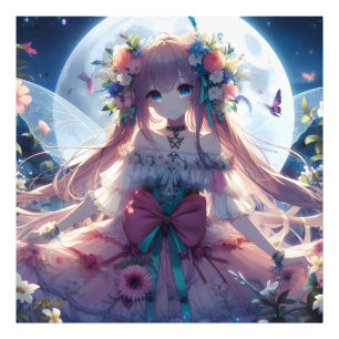 Anime-Mädchen-Blumen-Mond-Fee Fotodruck