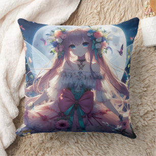Anime-Mädchen-Blumen-Mond-Fee Kissen