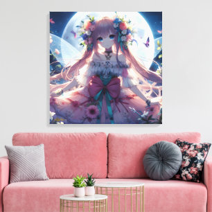 Anime Mädchen Blumen Mond Fee Leinwanddruck