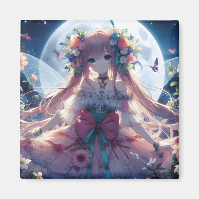 Anime-Mädchen-Blumen-Mond-Fee Magnet (Vorne)