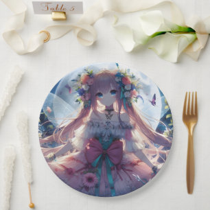 Anime-Mädchen-Blumen-Mond-Fee Pappteller