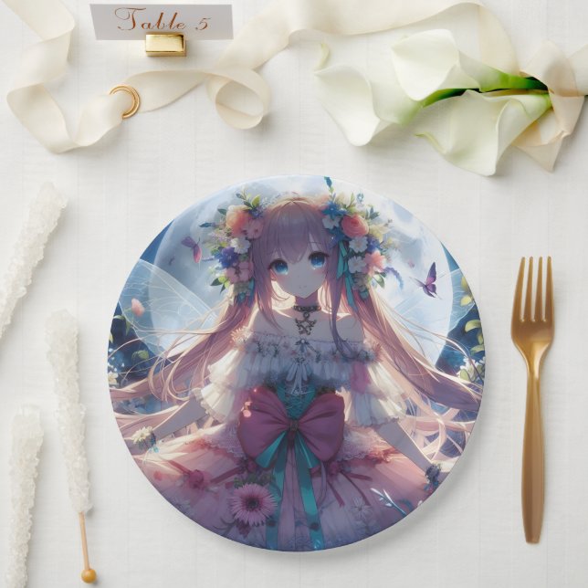 Anime-Mädchen-Blumen-Mond-Fee Pappteller (Hochzeit)