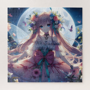 Anime Mädchen Blumen Mond Fee Puzzle