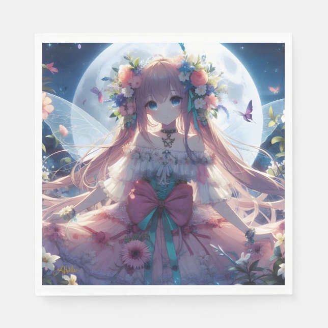 Anime-Mädchen-Blumen-Mond-Fee Serviette (Vorderseite)