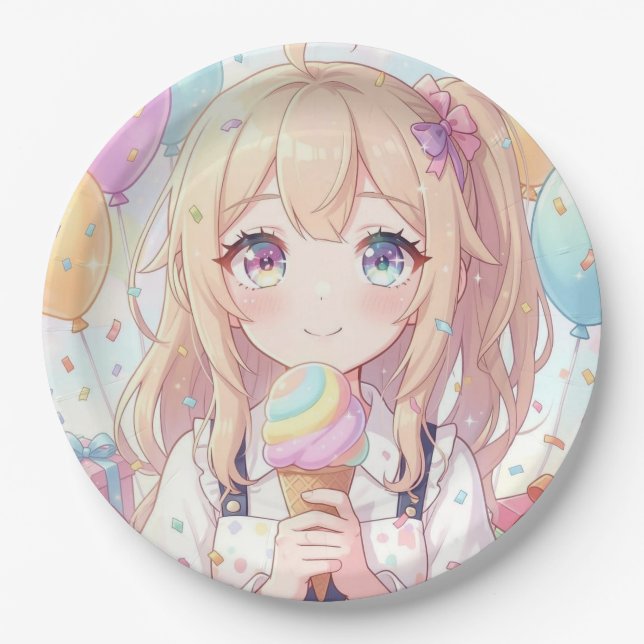 Anime-Mädchen-Eiscreme-Geburtstagsfeier Pappteller (Vorderseite)