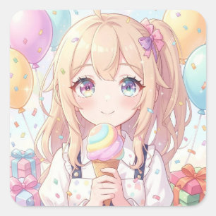 Anime-Mädchen-Eiscreme-Geburtstagsfeier Quadratischer Aufkleber