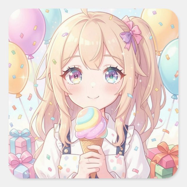 Anime-Mädchen-Eiscreme-Geburtstagsfeier Quadratischer Aufkleber (Vorderseite)
