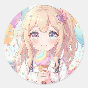Anime-Mädchen-Eiscreme-Geburtstagsfeier Runder Aufkleber