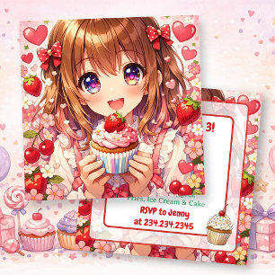 Anime Mädchen Geburtstag Erdbeeren und Cupcakes Einladung