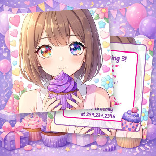 Anime-Mädchen-Geburtstag Herzen und Cupcakes Einladung