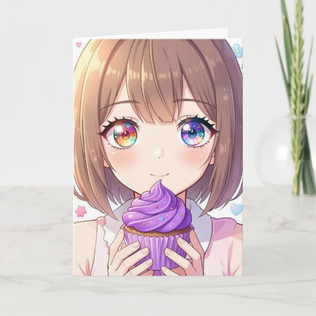Anime-Mädchen-Geburtstag und Malvorlage Karte (Vorderseite)