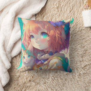 Anime-Mädchen hält ein niedliches Kätzchen Kissen