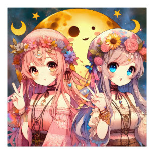 Anime Mädchen Hippie Mond Mädchen geben Friedensze Fotodruck