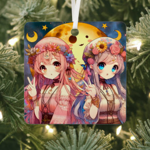 Anime Mädchen Hippie Mond Mädchen geben Friedensze Ornament Aus Metall