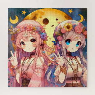 Anime Mädchen Hippie Mond Mädchen geben Friedensze Puzzle