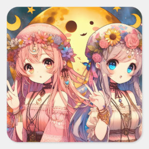 Anime Mädchen Hippie Mond Mädchen geben Friedensze Quadratischer Aufkleber