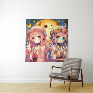 Anime Mädchen Hippie Mond Mädchen geben Friedensze Wandteppich
