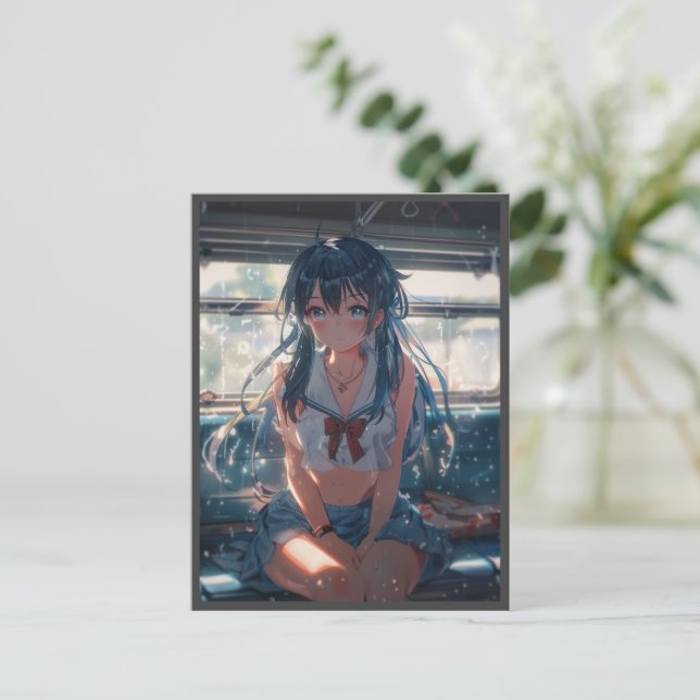 Anime-Mädchen im Zug Feiertagspostkarte (Stehend Vorderseite)